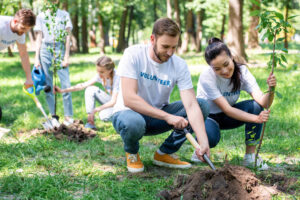 young volunteers planting new trees in park