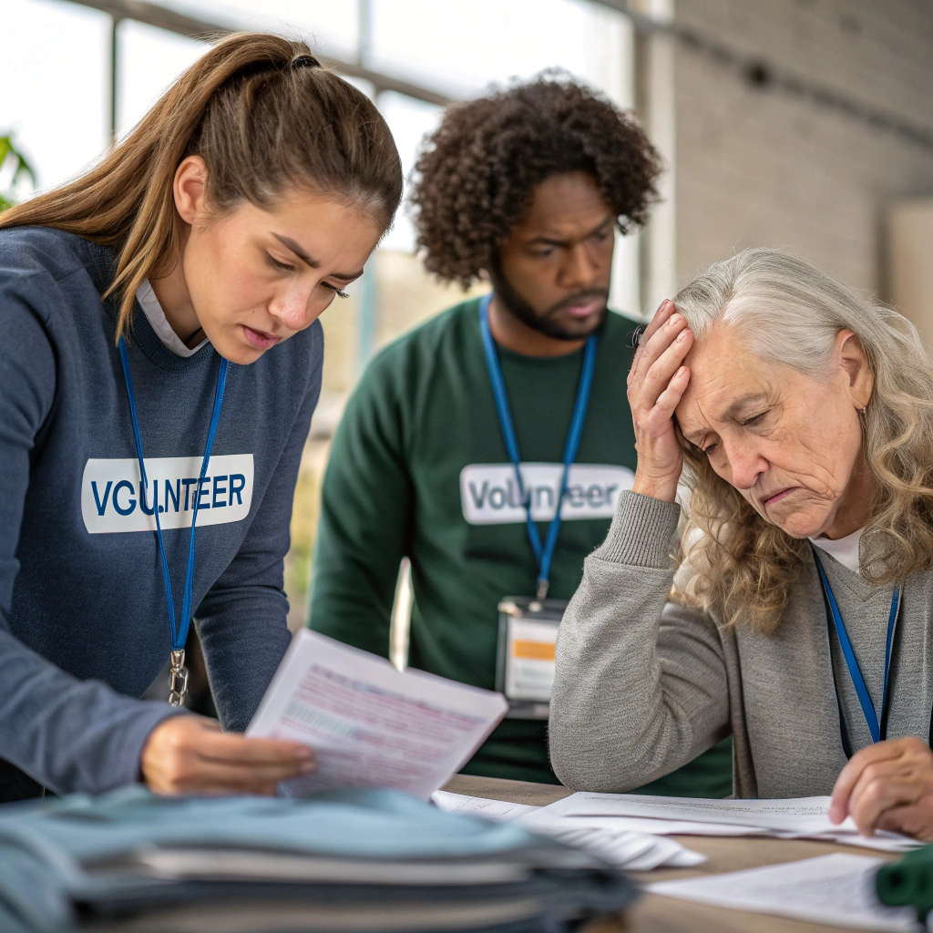 Services worried looking volunteers working at a homeless s